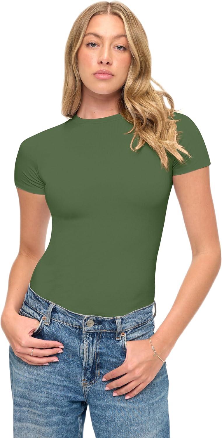 imageNatural Uniforms Womens Super Soft Super Stretch Y2K Short Sleeve Baby Tee Crop TopDill Green