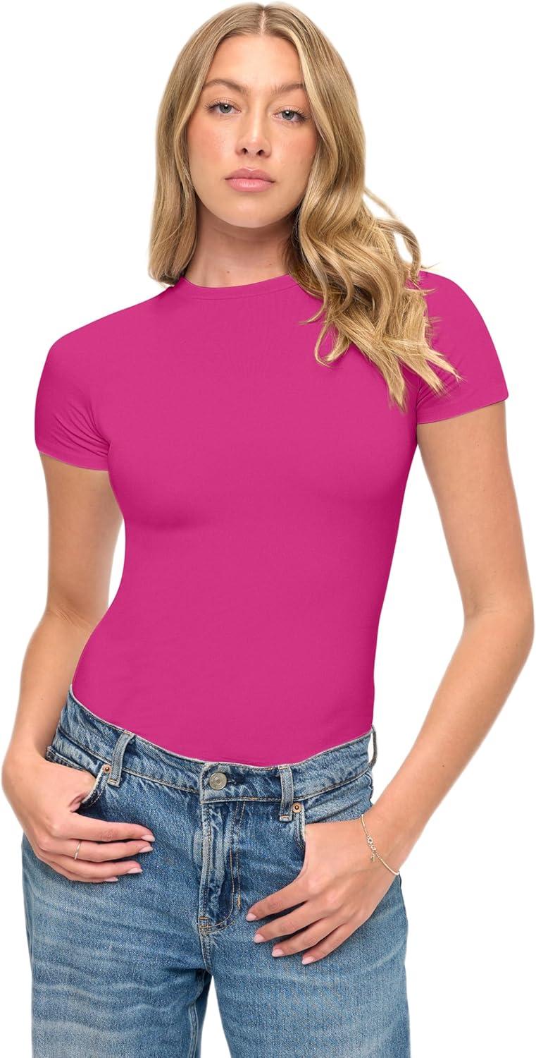 imageNatural Uniforms Womens Super Soft Super Stretch Y2K Short Sleeve Baby Tee Crop TopHot Pink