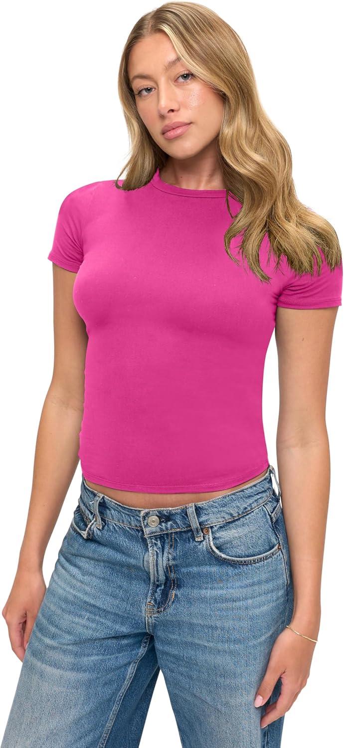 imageNatural Uniforms Womens Super Soft Super Stretch Y2K Short Sleeve Baby Tee Crop TopHot Pink