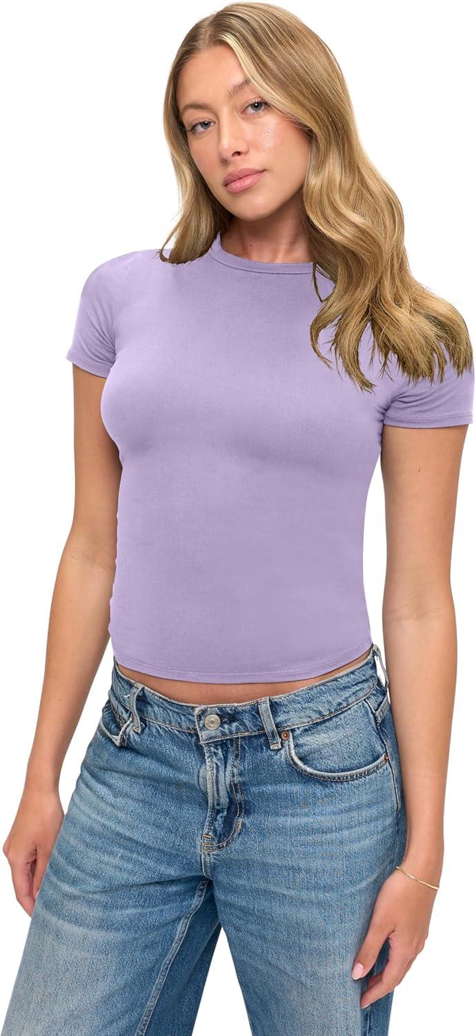 imageNatural Uniforms Womens Super Soft Super Stretch Y2K Short Sleeve Baby Tee Crop TopLavender
