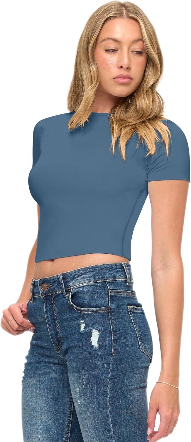 imageNatural Uniforms Womens Super Soft Super Stretch Y2K Short Sleeve Baby Tee Crop TopStellar Blue