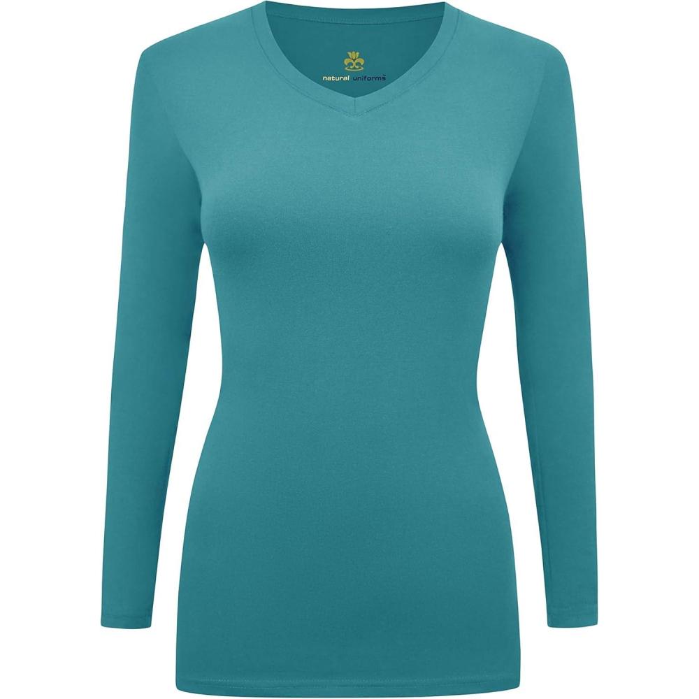 imageMampM Scrubs Womens Long Sleeve Under Scrub Stretch VNeck TShirt Scrub TopTeal