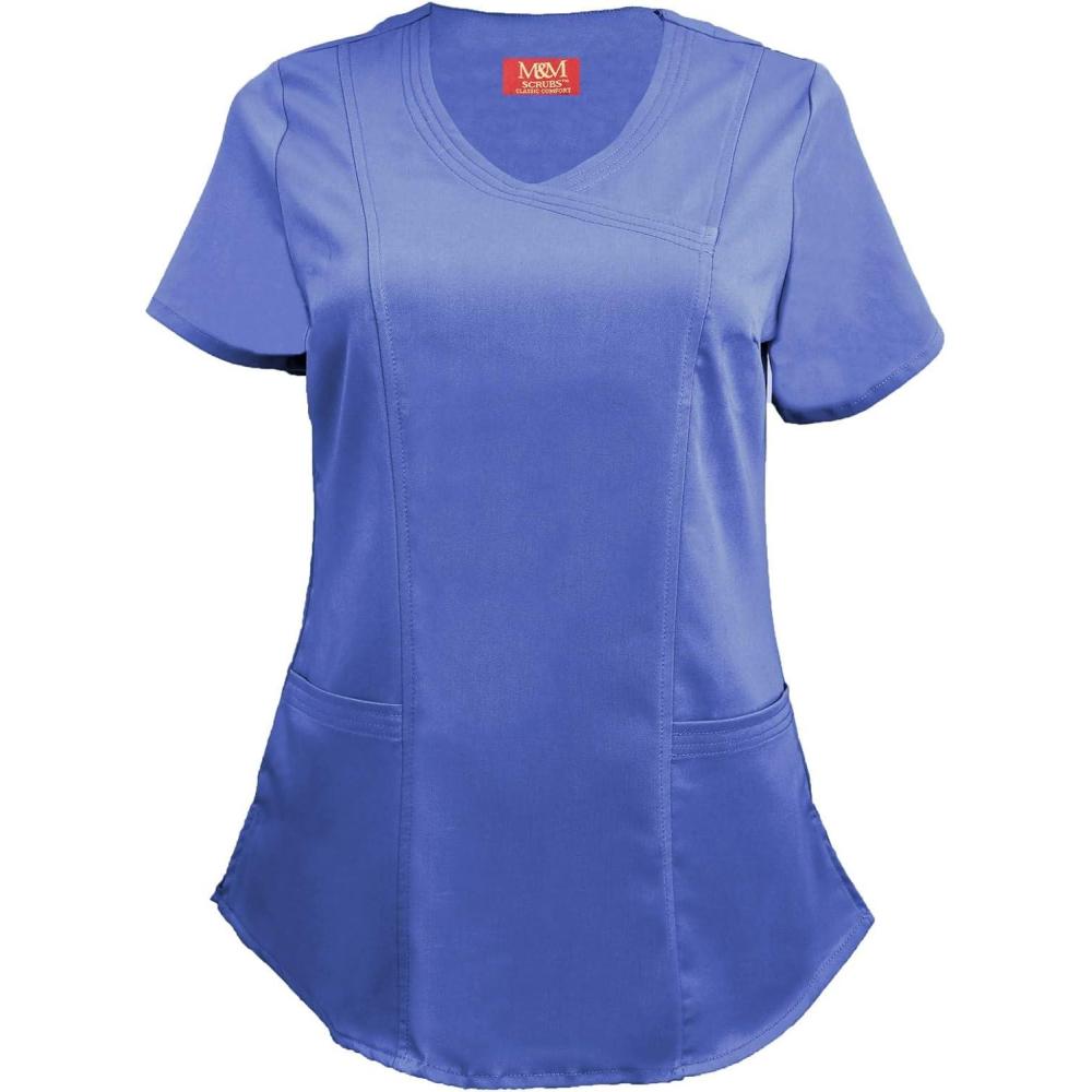 imageMampM Scrubs Womens Stretch Mock Wrap Scrub Top 8201Ceil Blue