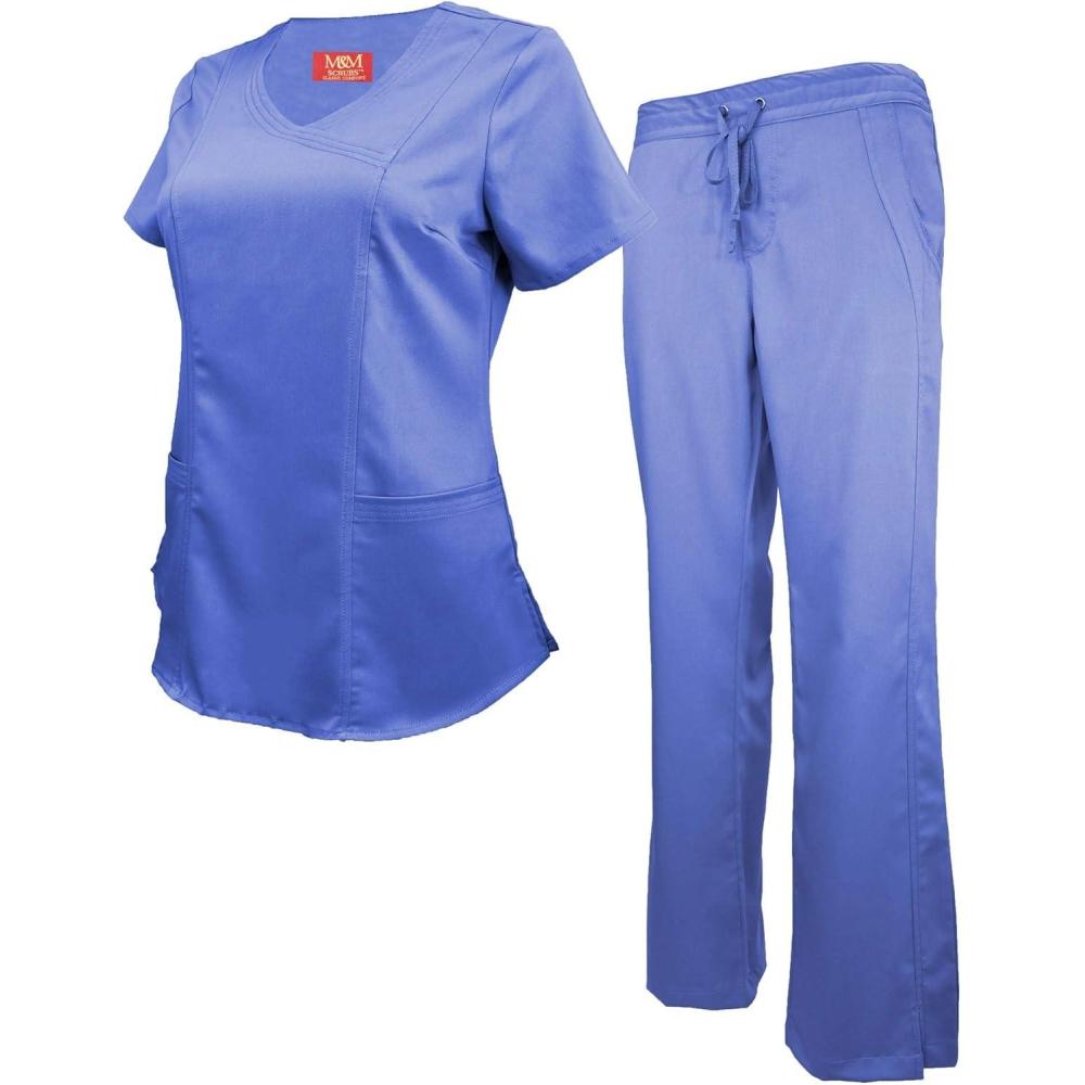 imageMampM Scrubs Womens Super Soft Stretch Mock Wrap Scrub SetCeil Blue