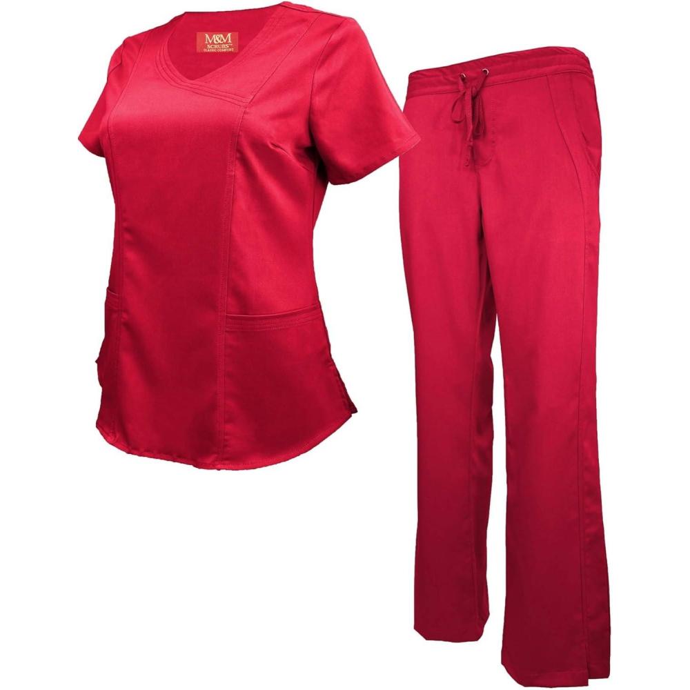 imageMampM Scrubs Womens Super Soft Stretch Mock Wrap Scrub SetRed