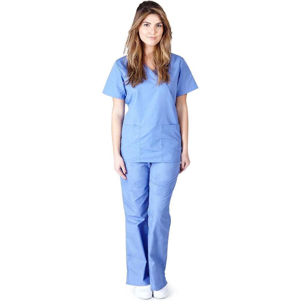 imageNatural Uniforms Womens Mock WrapFlare Pant Medical Scrubs SetCeil Blue