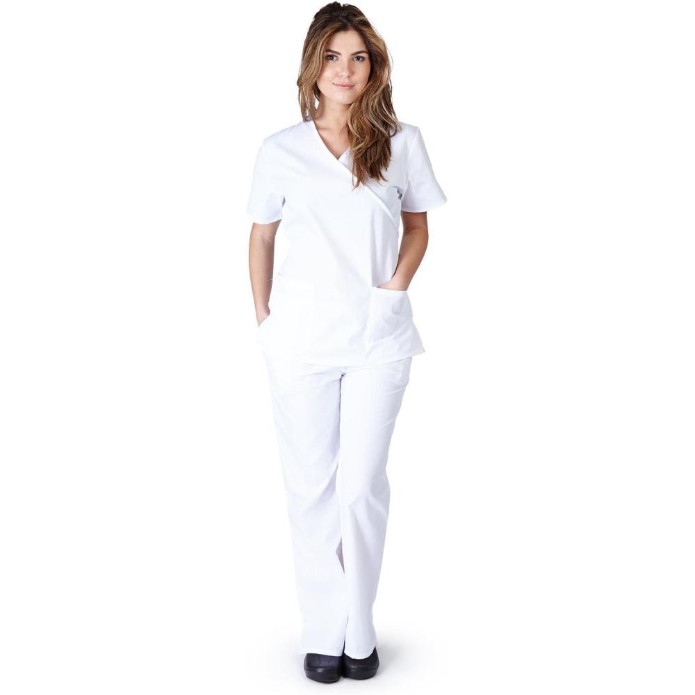 imageNatural Uniforms Womens Mock WrapFlare Pant Medical Scrubs SetWhite