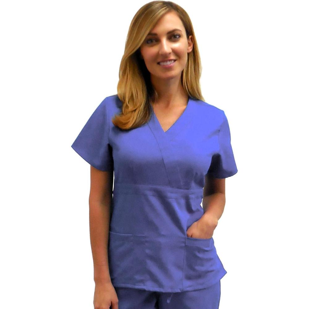imageNatural Uniforms Premium 3 Pocket Mock Wrap Medical Scrub Top for Women  Junior FITCeil Blue