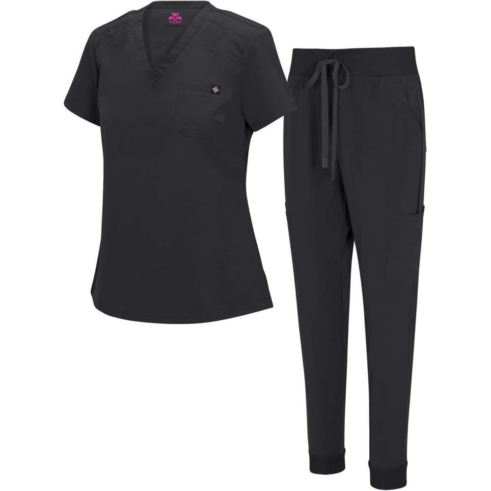 imageNatural Uniforms Womens Cool Stretch Modern TuckIn Top Yoga Jogger Scrub Set with Regular and Petite SizesBlack