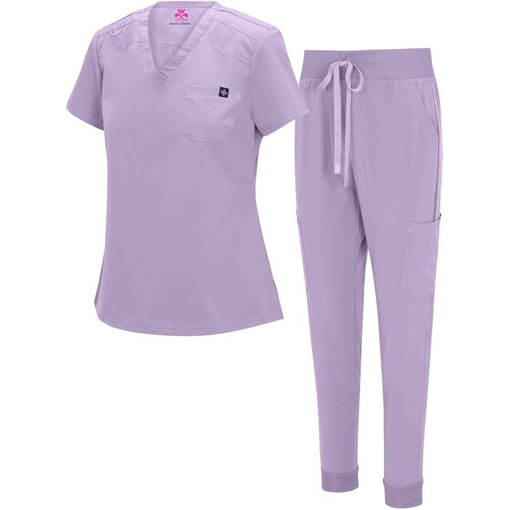 imageNatural Uniforms Womens Cool Stretch Modern TuckIn Top Yoga Jogger Scrub Set with Regular and Petite SizesLavender
