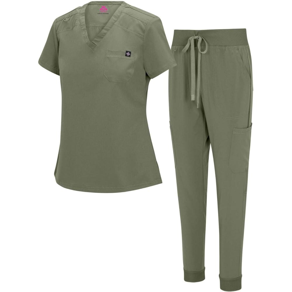 imageNatural Uniforms Womens Cool Stretch Modern TuckIn Top Yoga Jogger Scrub Set with Regular and Petite SizesOlive