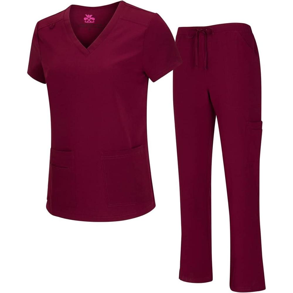 imageNatural Uniforms Womens Cool Stretch VNeck Top and Cargo Pant Scrub Set with Regular and Petite SizesBurgundy