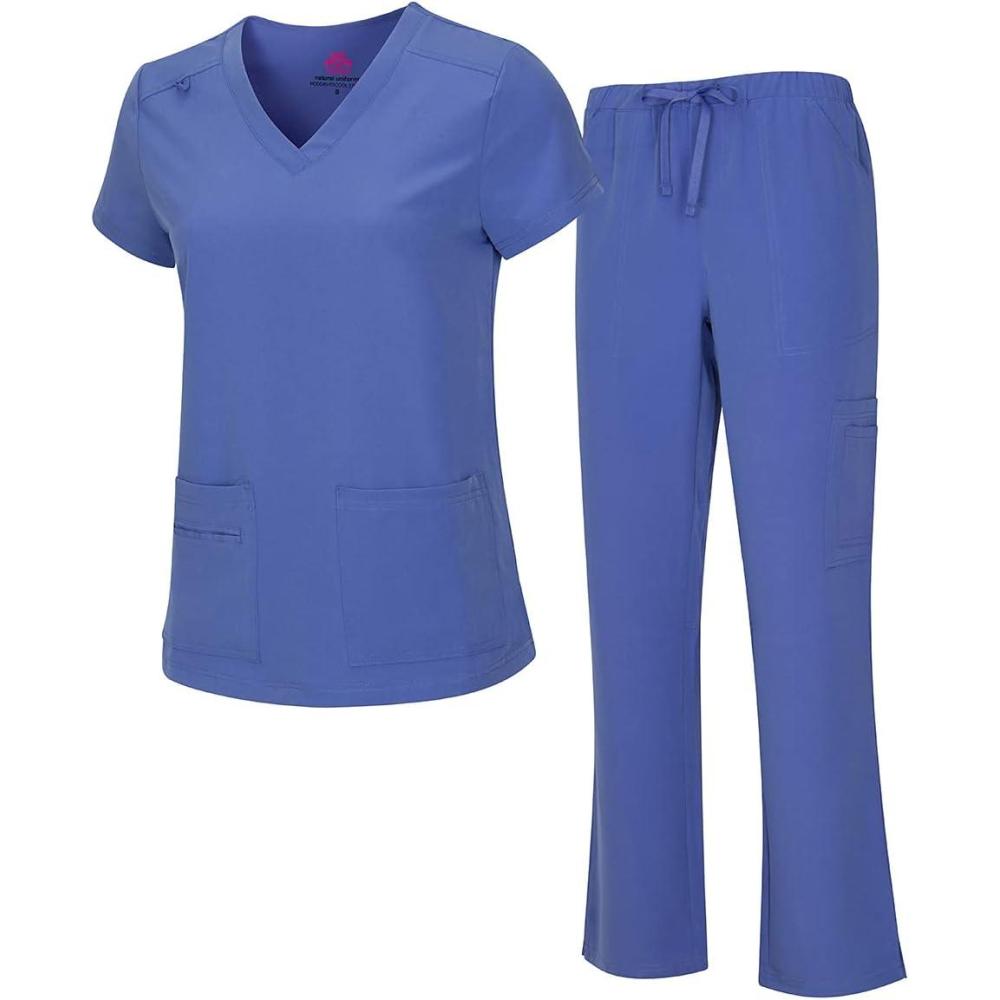 imageNatural Uniforms Womens Cool Stretch VNeck Top and Cargo Pant Scrub Set with Regular and Petite SizesCeil Blue