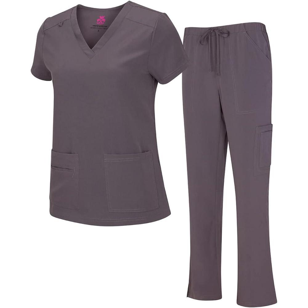 imageNatural Uniforms Womens Cool Stretch VNeck Top and Cargo Pant Scrub Set with Regular and Petite SizesCharcoal