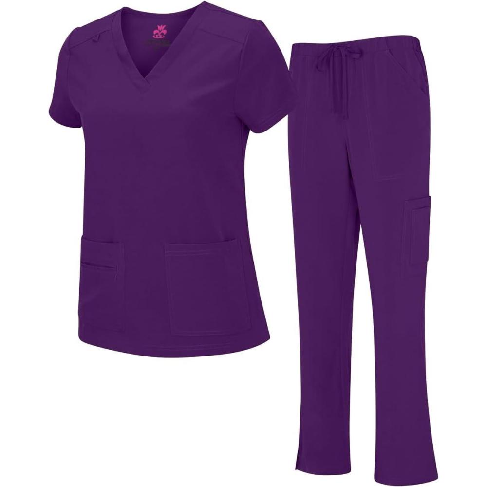 imageNatural Uniforms Womens Cool Stretch VNeck Top and Cargo Pant Scrub Set with Regular and Petite SizesEggplant