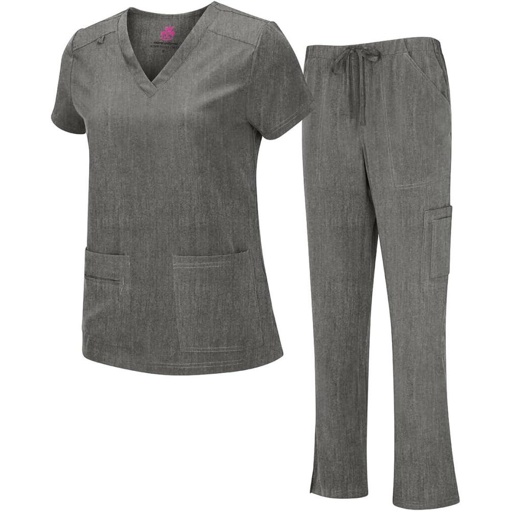 imageNatural Uniforms Womens Cool Stretch VNeck Top and Cargo Pant Scrub Set with Regular and Petite SizesHeather Grey