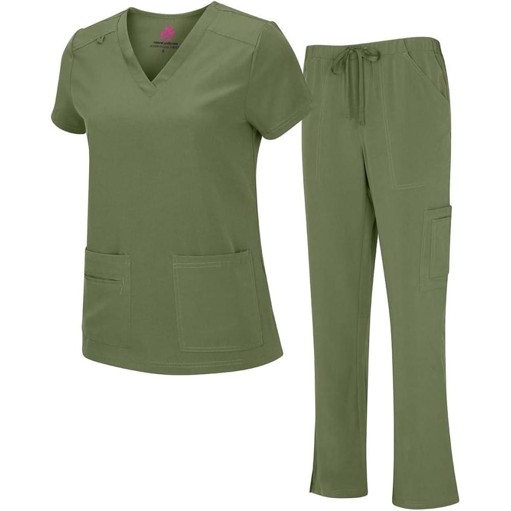 imageNatural Uniforms Womens Cool Stretch VNeck Top and Cargo Pant Scrub Set with Regular and Petite SizesOlive