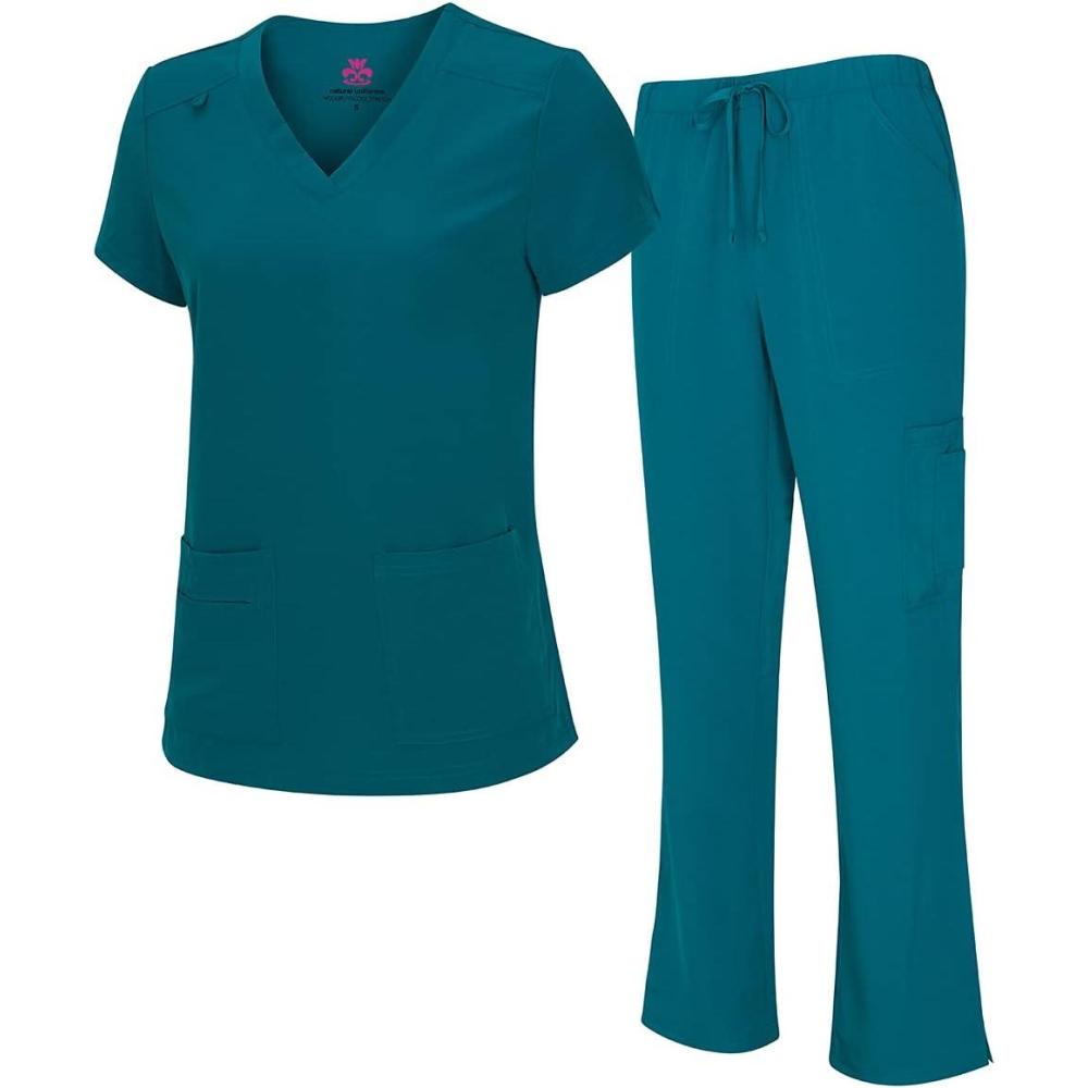 imageNatural Uniforms Womens Cool Stretch VNeck Top and Cargo Pant Scrub Set with Regular and Petite SizesTeal