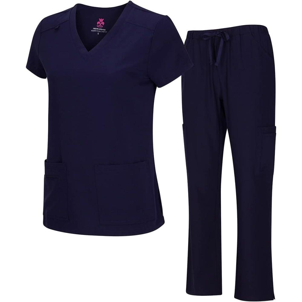 imageNatural Uniforms Womens Cool Stretch VNeck Top and Cargo Pant Scrub Set with Regular and Petite SizesTrue Navy Blue