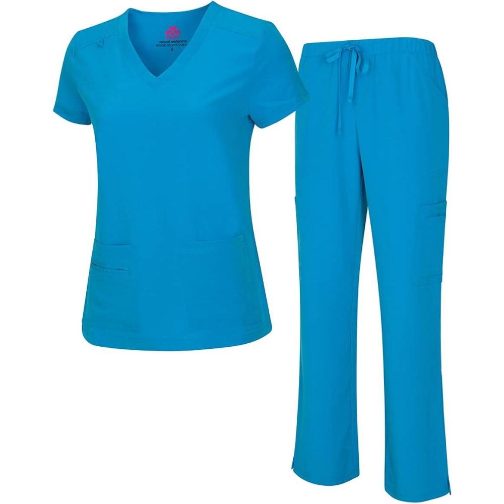 imageNatural Uniforms Womens Cool Stretch VNeck Top and Cargo Pant Scrub Set with Regular and Petite SizesWater Blue