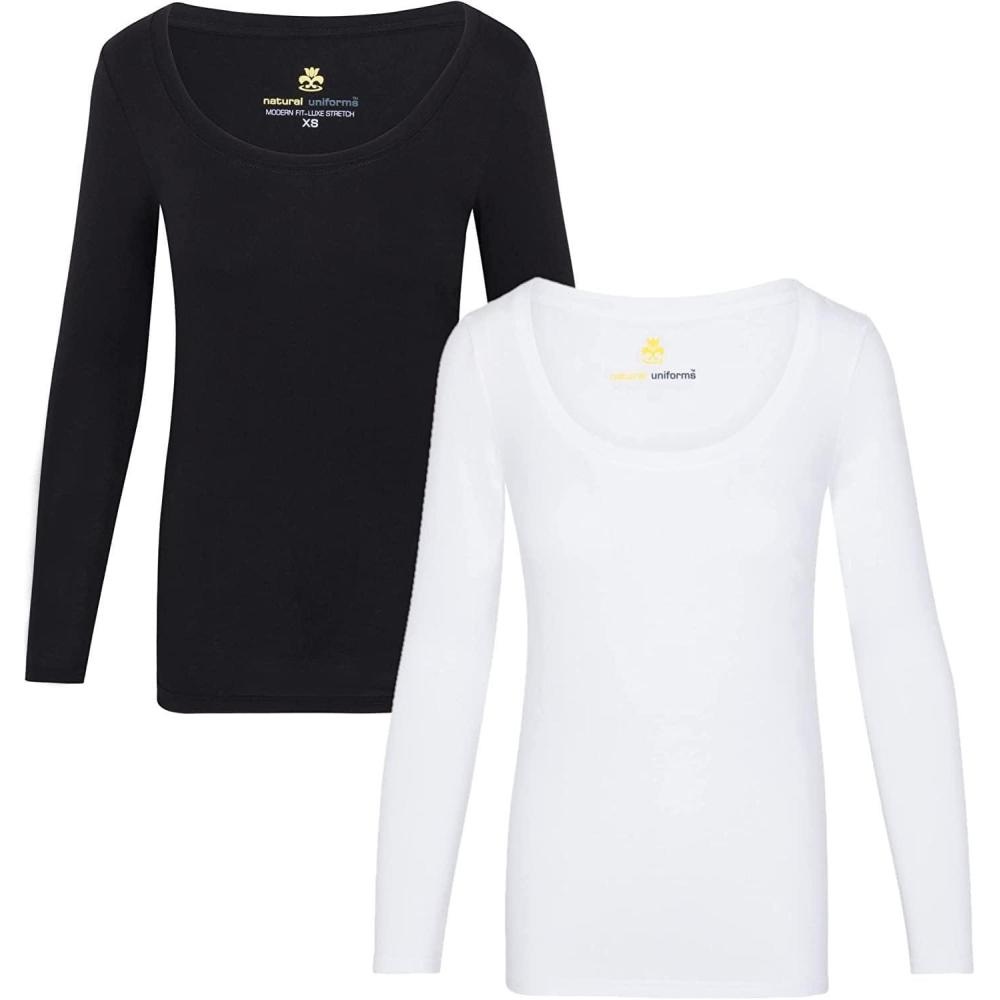 imageNatural Uniforms Womens Long Sleeve Extra Wide ScoopNeck TShirt Under Scrub2pkblkWht