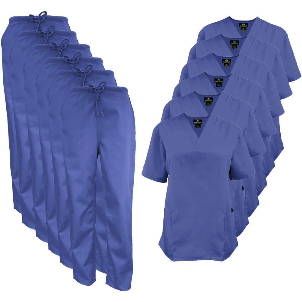 imageNatural Uniforms Womens Scrub Set Medical Scrub Tops and Pants  Pack of 6 SetCeil Blue