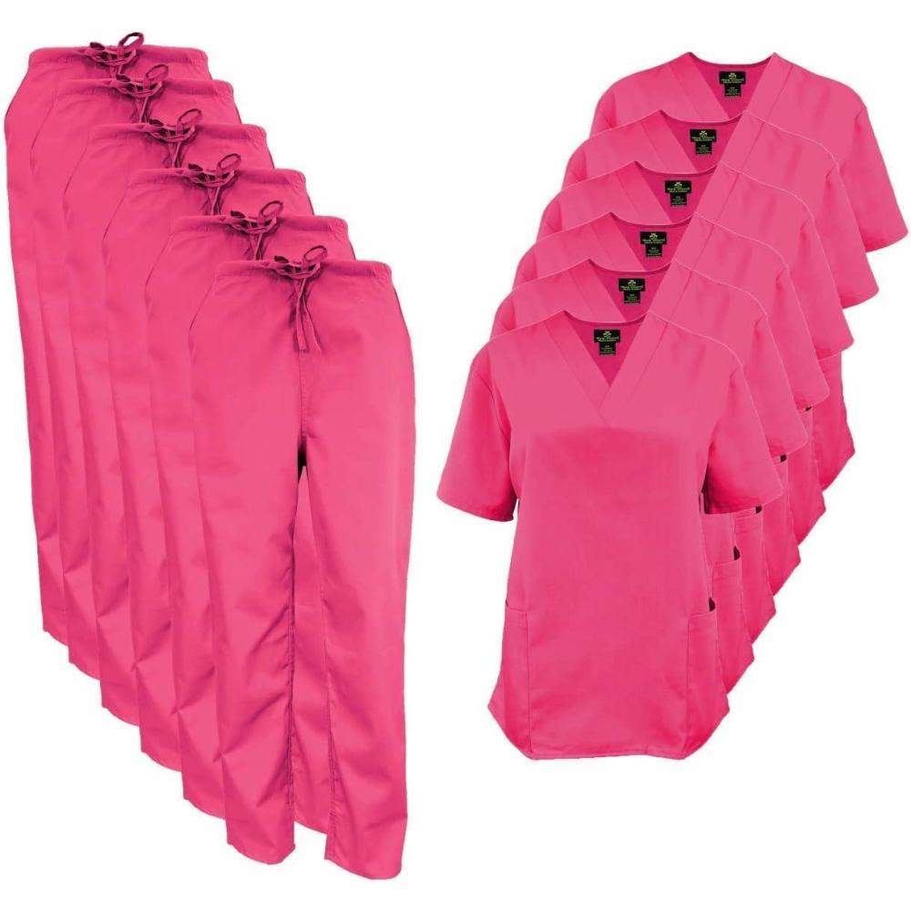 imageNatural Uniforms Womens Scrub Set Medical Scrub Tops and Pants Pack of 6 SetHot Pink