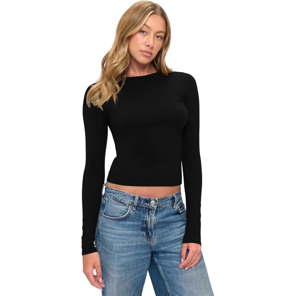 imageNatural Uniforms Womens Super Soft Super Stretch Y2K Long Sleeve Baby Tee Crop TopBlack