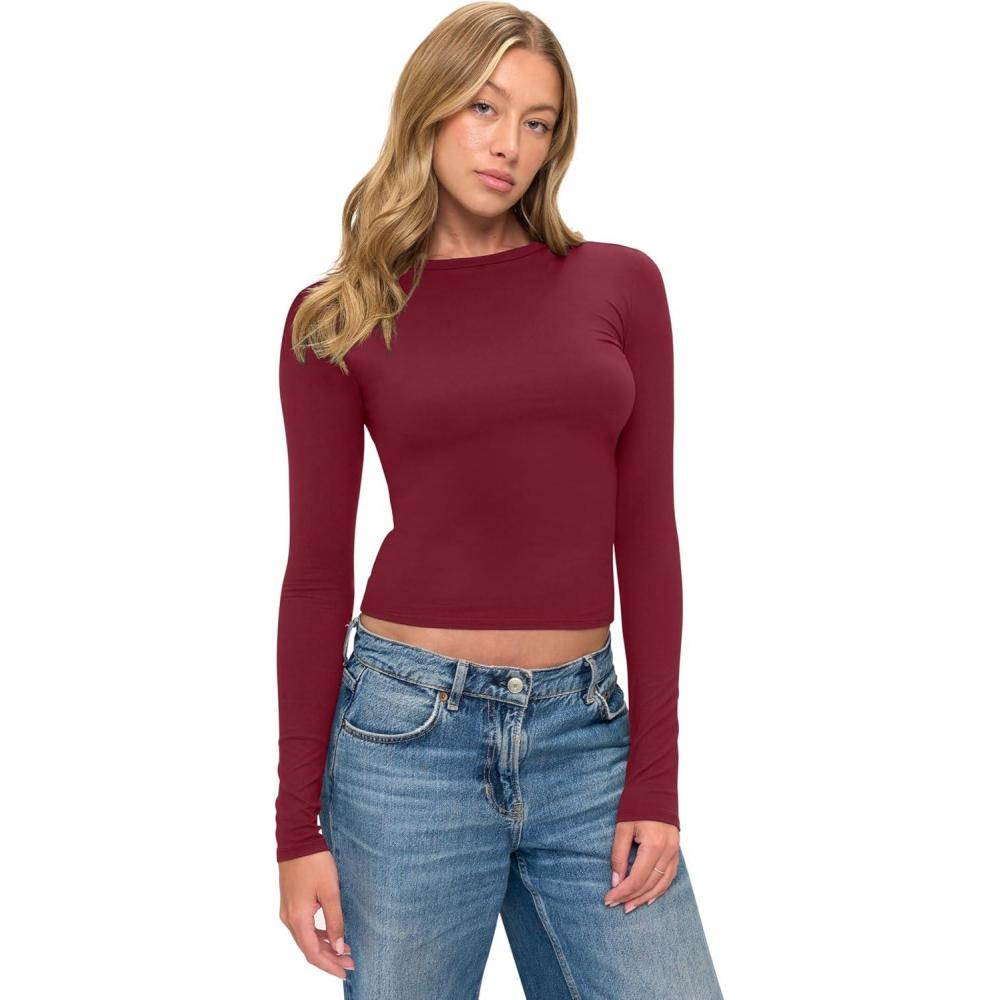 imageNatural Uniforms Womens Super Soft Super Stretch Y2K Long Sleeve Baby Tee Crop TopBurgundy
