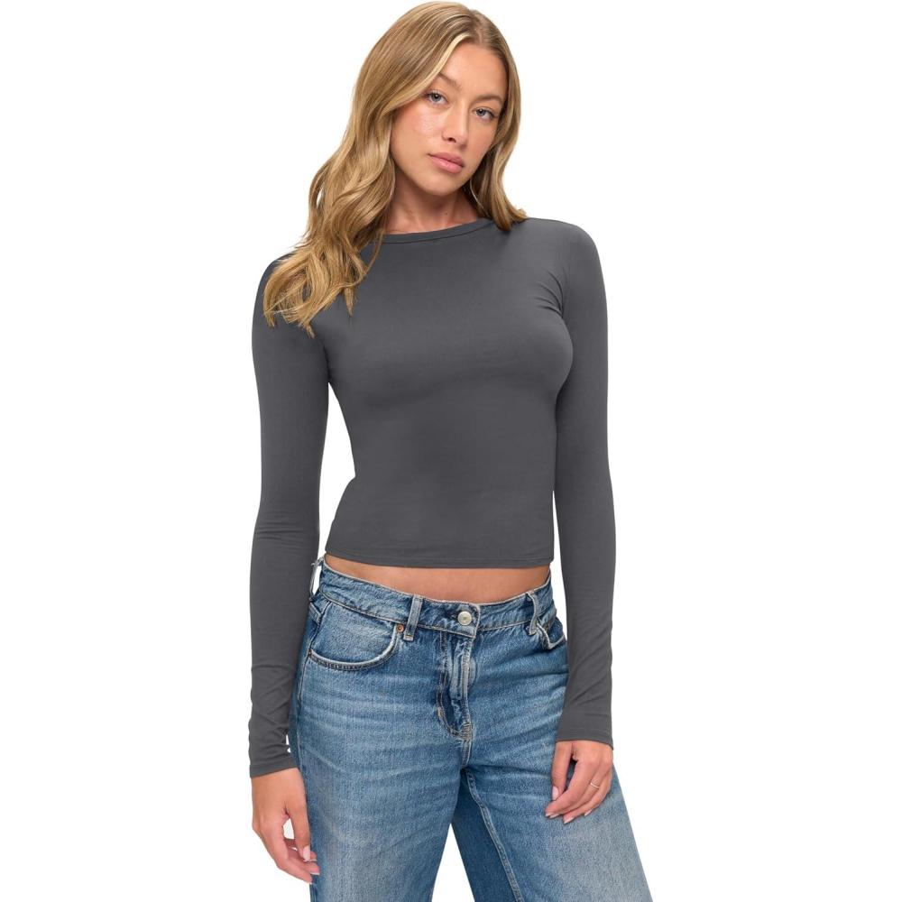 imageNatural Uniforms Womens Super Soft Super Stretch Y2K Long Sleeve Baby Tee Crop TopCharcoal