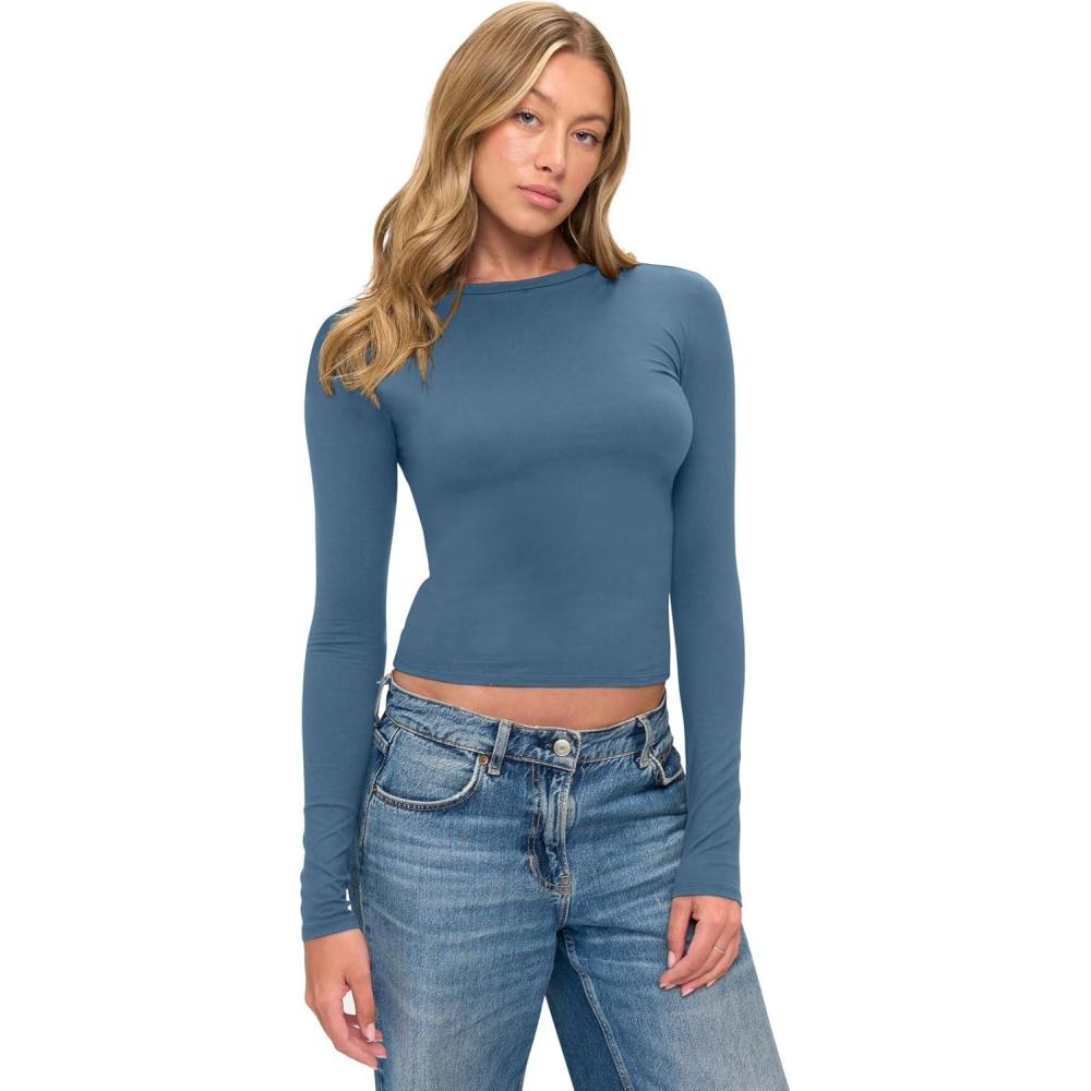 imageNatural Uniforms Womens Super Soft Super Stretch Y2K Long Sleeve Baby Tee Crop TopStellar Blue