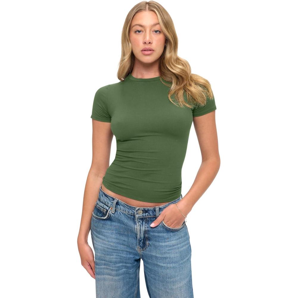 imageNatural Uniforms Womens Super Soft Super Stretch Y2K Short Sleeve Baby Tee Crop TopDill Green