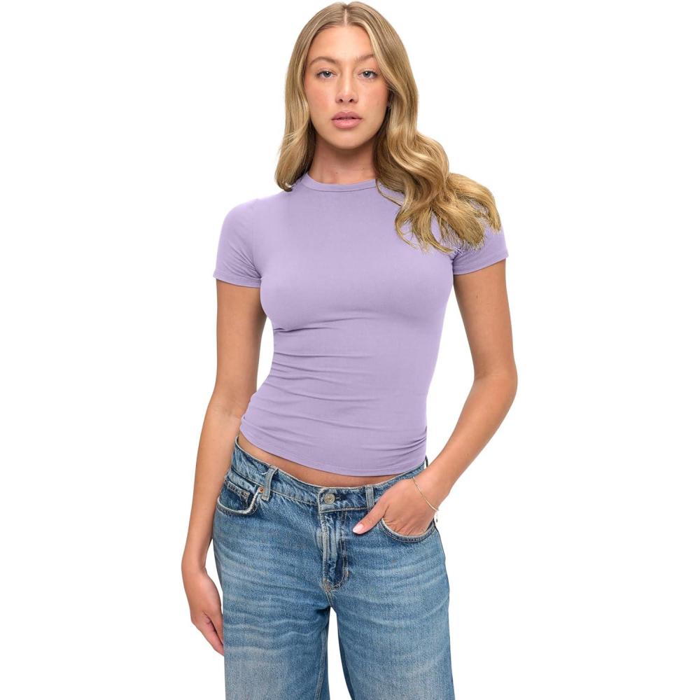 imageNatural Uniforms Womens Super Soft Super Stretch Y2K Short Sleeve Baby Tee Crop TopLavender