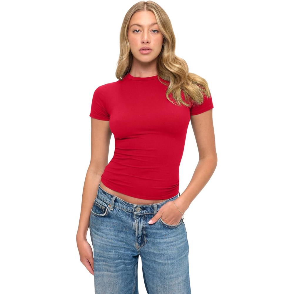imageNatural Uniforms Womens Super Soft Super Stretch Y2K Short Sleeve Baby Tee Crop TopRed