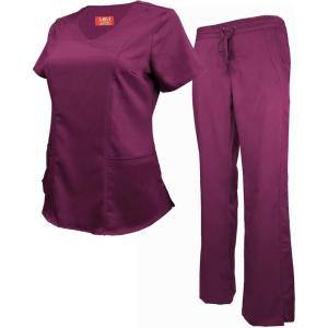M&M Scrubs Women’s Super Soft Stretch Mock Wrap Scrub Set(Burgundy)