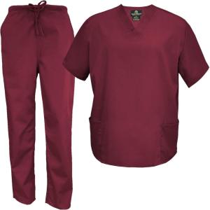 Natural Uniforms Men’s Scrub Set Medical Scrub Tops and Pants(Burgundy)