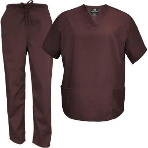 Natural Uniforms Men’s Scrub Set Medical Scrub Tops and Pants(Chocolate)