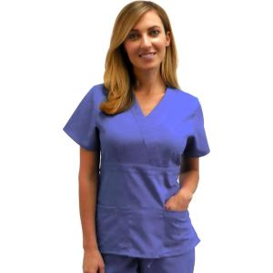 Natural Uniforms Premium 3 Pocket Mock Wrap Medical Scrub Top for Women – Junior FIT(Ceil Blue)