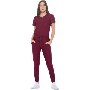 Natural Uniforms Ultra Stretch Form Fitting Womens Scrub Set (True Navy Blue, Medium)(Burgundy)