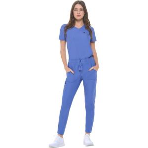 Natural Uniforms Ultra Stretch Form Fitting Womens Scrub Set (True Navy Blue, Medium)(Ceil Blue)