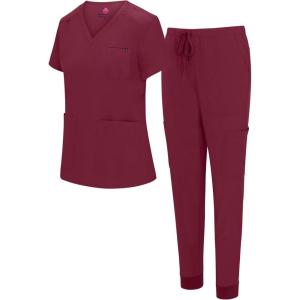 Natural Uniforms Womens 10 Pocket Cool Stretch Jogger Scrub Set(Burgundy)