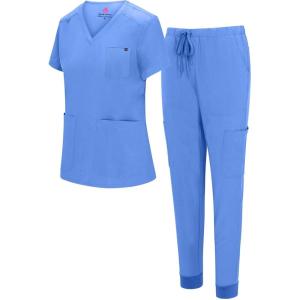 Natural Uniforms Womens 10 Pocket Cool Stretch Jogger Scrub Set(Ceil Blue)