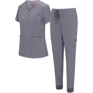 Natural Uniforms Womens 10 Pocket Cool Stretch Jogger Scrub Set(Charcoal)
