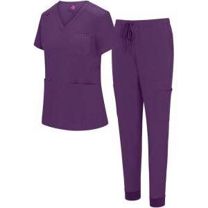 Natural Uniforms Womens 10 Pocket Cool Stretch Jogger Scrub Set(Eggplant)