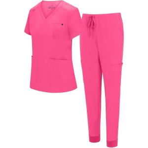 Natural Uniforms Womens 10 Pocket Cool Stretch Jogger Scrub Set(Hot Pink)