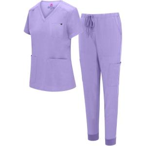 Natural Uniforms Womens 10 Pocket Cool Stretch Jogger Scrub Set(Lavender)