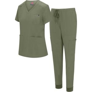 Natural Uniforms Womens 10 Pocket Cool Stretch Jogger Scrub Set(Olive)