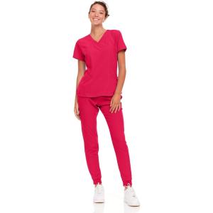 Natural Uniforms Womens Cool Stretch Jogger Scrub Set with Regular and Petite Sizes(Red)
