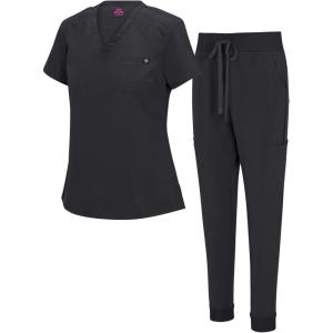 Natural Uniforms Womens Cool Stretch Modern Tuck-In Top Yoga Jogger Scrub Set with Regular and Petite Sizes(Black)
