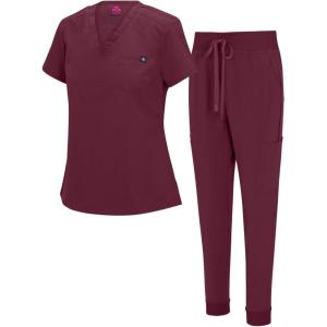 Natural Uniforms Womens Cool Stretch Modern Tuck-In Top Yoga Jogger Scrub Set with Regular and Petite Sizes(Burgundy)
